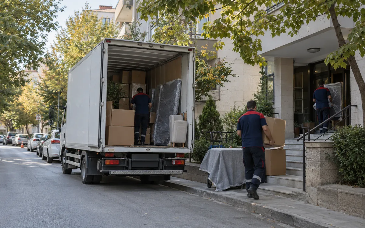 Ankara'da şehir içi nakliye için eşya yüklenmiş kamyon apartman önünde bekliyor