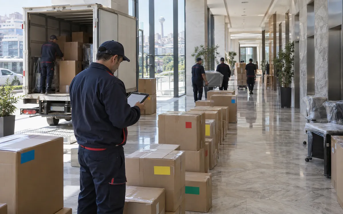 Kurumsal taşımada etiketlenmiş koliler kurum binasının koridorunda sıralanmış