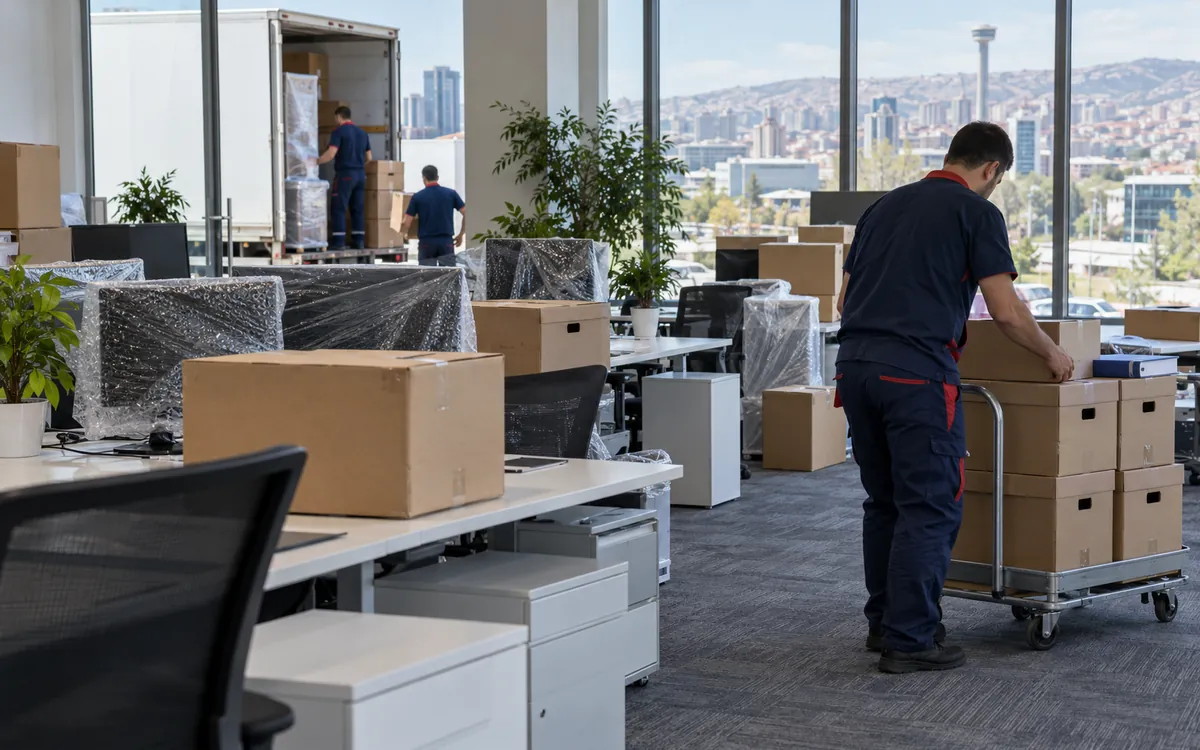Ofis taşıması için masalar ve bilgisayar ekipmanları paketlenmiş halde bekliyor