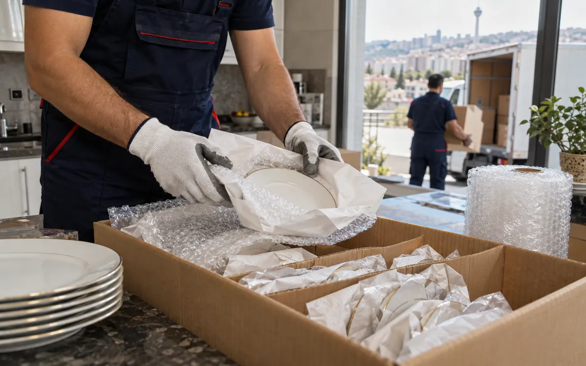 Tabak ve bardaklar tek tek sarılarak taşıma kolisine yerleştiriliyor